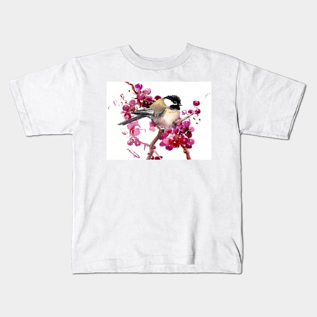 Chickadee Bird and Berries decor Kids T-Shirt by surenart